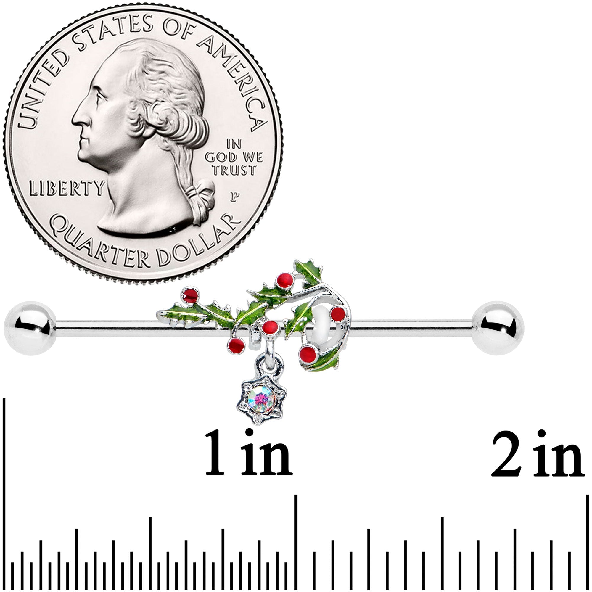 14G Aurora Gem Candy Cane Holly Christmas Industrial Barbell 38mm