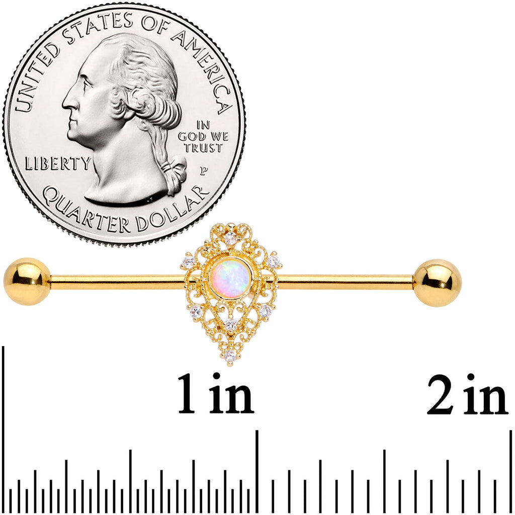 14G White Synthetic Opal Gold Tone Oval Industrial Barbell 38m