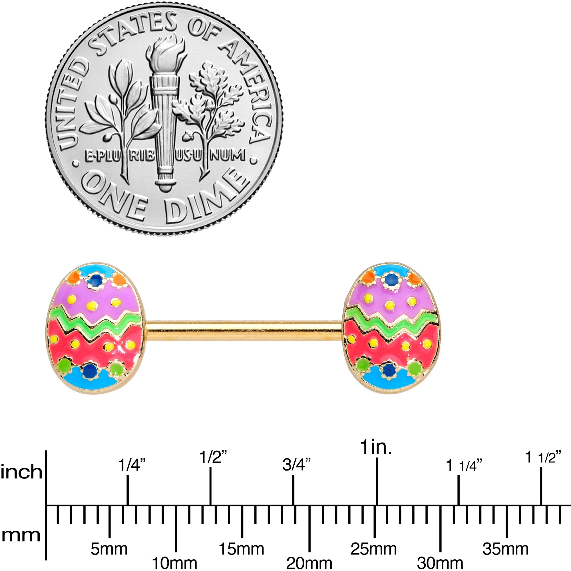 14G 9/16 Gold Tone Painted Easter Egg Barbell Nipple Ring Set