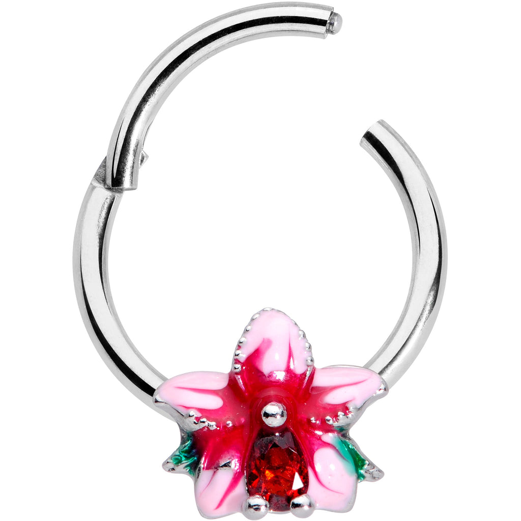 16G 3/8 Red Gem Exotic Flower Hinged Segment Ring