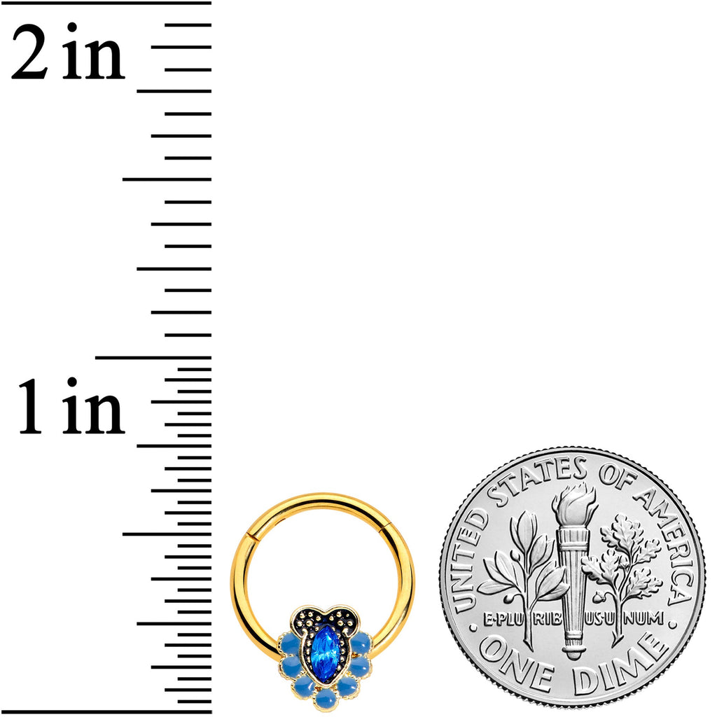 16G 3/8 Blue Gem Gold Tone Opulent Oval Hinged Segment Ring