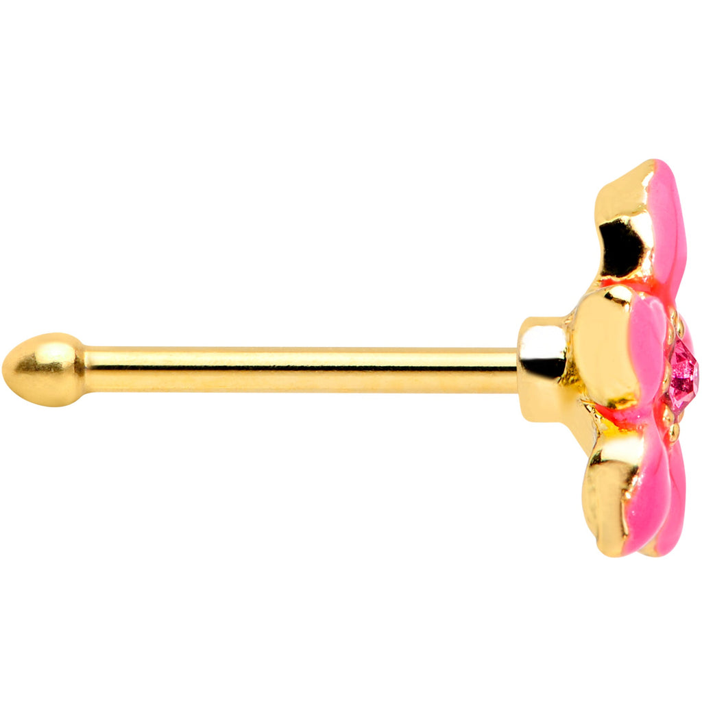 20G 1/4 Pink Gem Gold Tone Exotic Flower Nose Bone