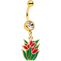 Clear Gem Gold Tone Red Tulip Flowers Dangle Belly Ring