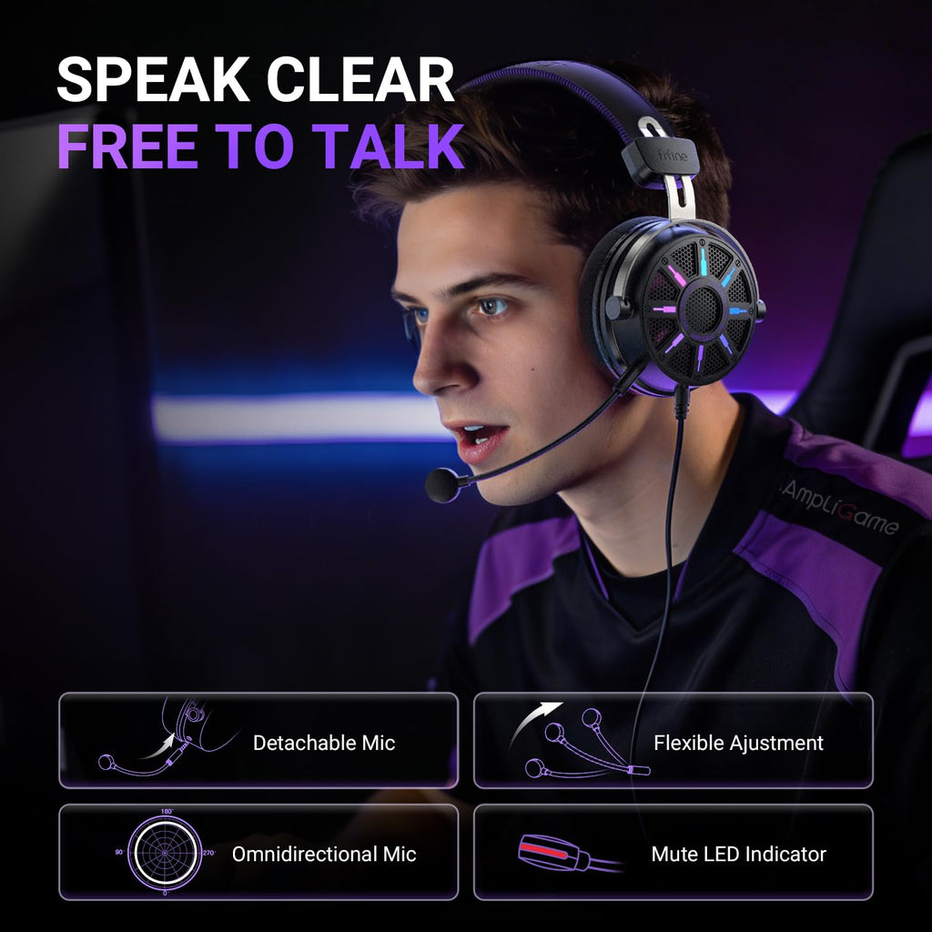 FIFINE Wired Open Back Gaming Headset, Open Acoustic Audio,Customizable RGB,USB in-Line Control, 7.1 Surround Sound, Over-Ear Gamer Headphone with Detachable Mic for PC PS5/PS4, Laptop, Mac - H19BP