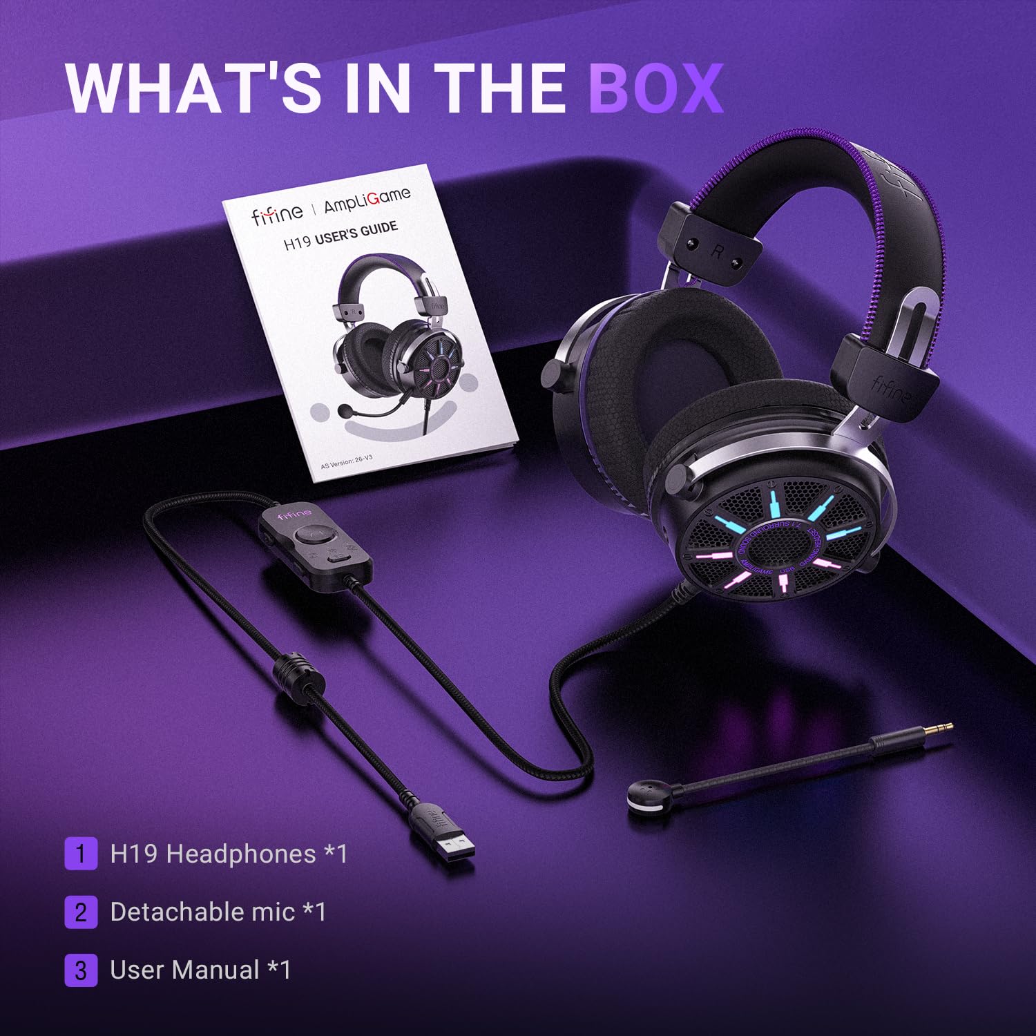 FIFINE Wired Open Back Gaming Headset, Open Acoustic Audio,Customizable RGB,USB in-Line Control, 7.1 Surround Sound, Over-Ear Gamer Headphone with Detachable Mic for PC PS5/PS4, Laptop, Mac - H19BP