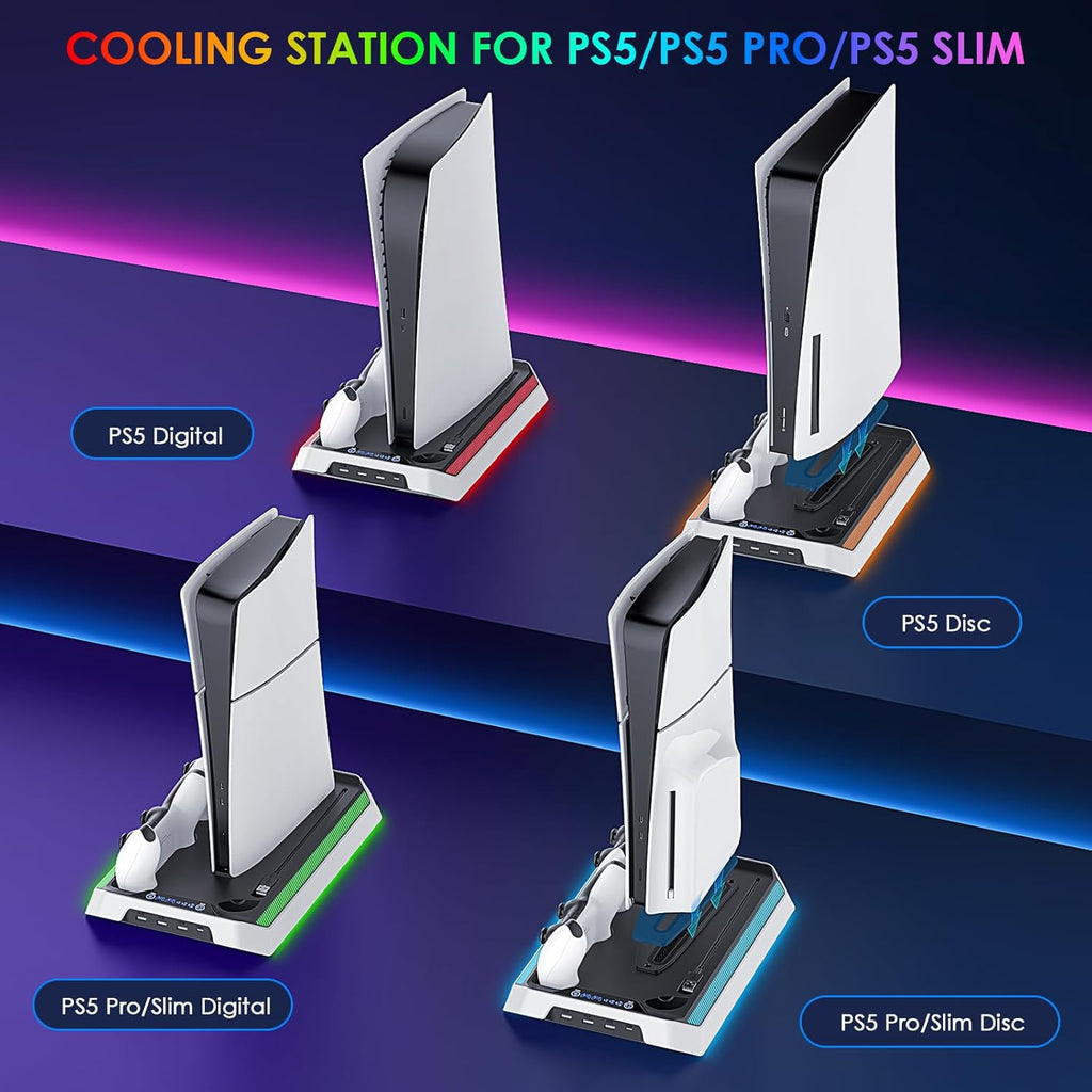 PS5/Slim/Pro Cooling Station, RGB P5 Controller Charger for PS5 Accessories, Ultra Quiet Cooling Fan for PS5 Digital/Disc Console, with 3 Level Fan, 4 USB Hub ﻿