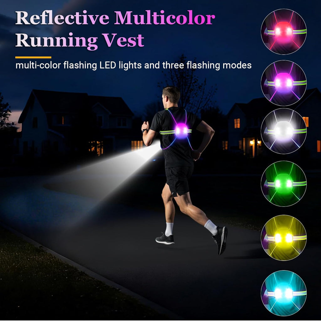 Reflective Running Vest:Rechargeable LED Running Gear with 3 Modes & 7 Colors, Adjustable Running Lights for Runners, Reflective Safety Vest for Night Running, Cycling, Walking,Hiking