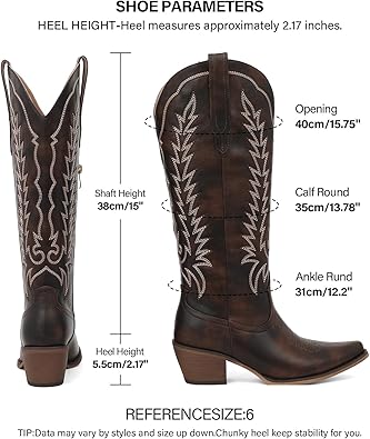 Tscoyuki Womens Cowboy Boots | Knee High Western Cowgirl Boots, Comfortable Chunky Heel, Classic Embroidery, Pointed Toe, Side Zipper & Pull On Tabs for Concert, Rodeo & Country Festival