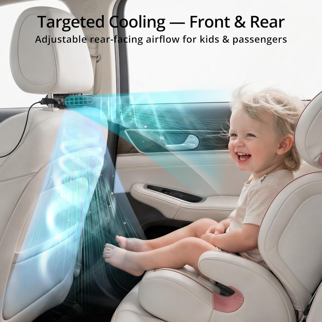 Car Seat Fan for Back Seat with Dual Airflow for Back Cooling & Baby Rear Facing, Backseat Fan for Infants, Kids, Pets & Rear Passengers, USB Powered Headrest Fan with 3 Speeds, Fits SUV Sedan Trucks
