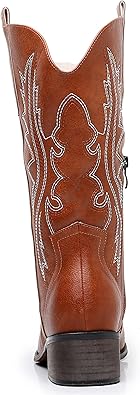 Cowboy Boots for Women, Mid Calf Pointed Toe Chunky Heel Side Zip Western Cowgirl Boots Retro Country Vintage Fashion Boots