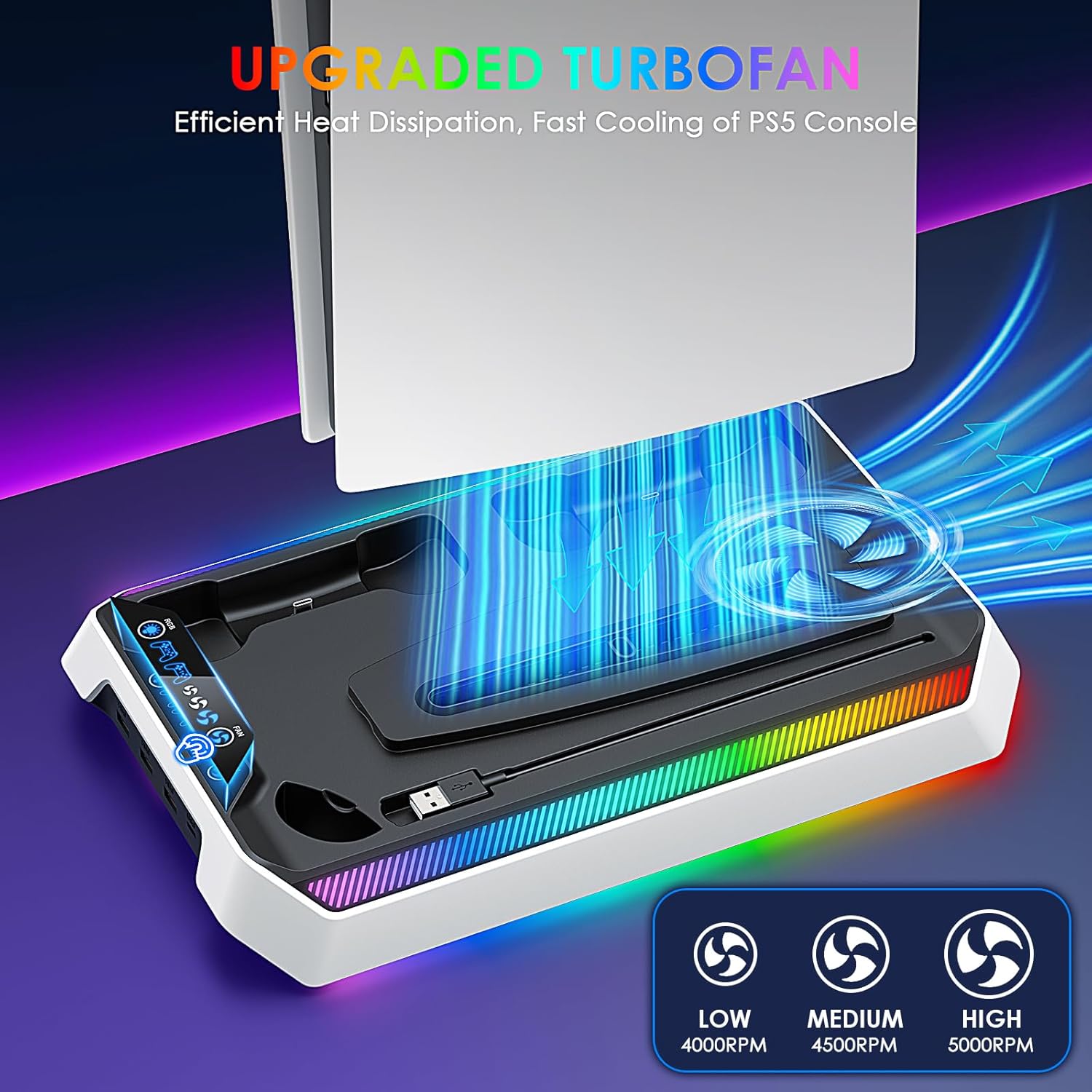 PS5/Slim/Pro Cooling Station, RGB P5 Controller Charger for PS5 Accessories, Ultra Quiet Cooling Fan for PS5 Digital/Disc Console, with 3 Level Fan, 4 USB Hub ﻿