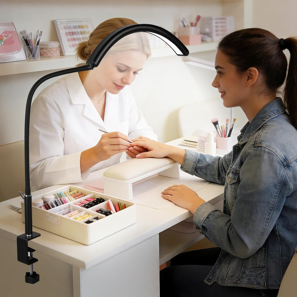 Half Moon Light for Nail Desk, Dimmable Lamp with Clamp for Manicure, Nail Techs, Study, Work, Jewelry, Tattoo. Shadowless Eye-Care Light for Reading, Art, Crafting, Sewing, Painting, DIY.Space-Saving