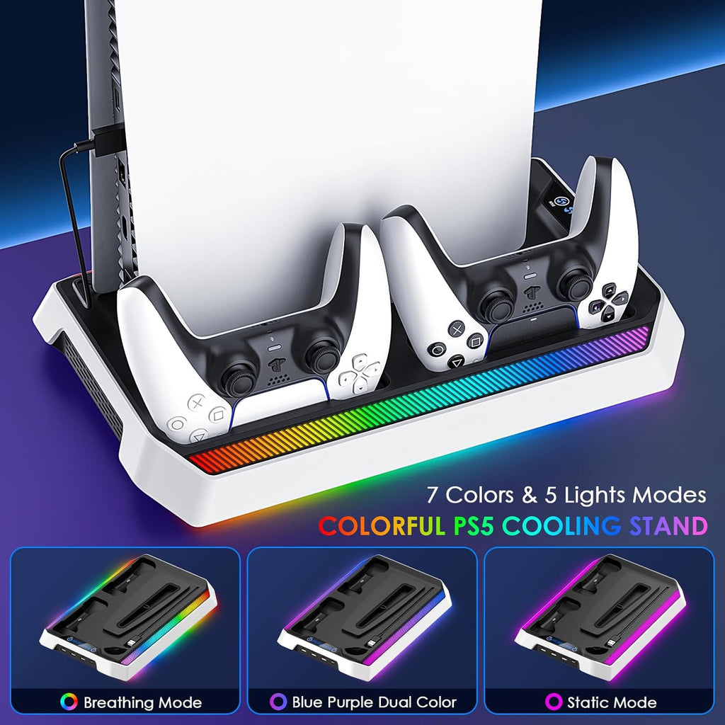 PS5/Slim/Pro Cooling Station, RGB P5 Controller Charger for PS5 Accessories, Ultra Quiet Cooling Fan for PS5 Digital/Disc Console, with 3 Level Fan, 4 USB Hub ﻿