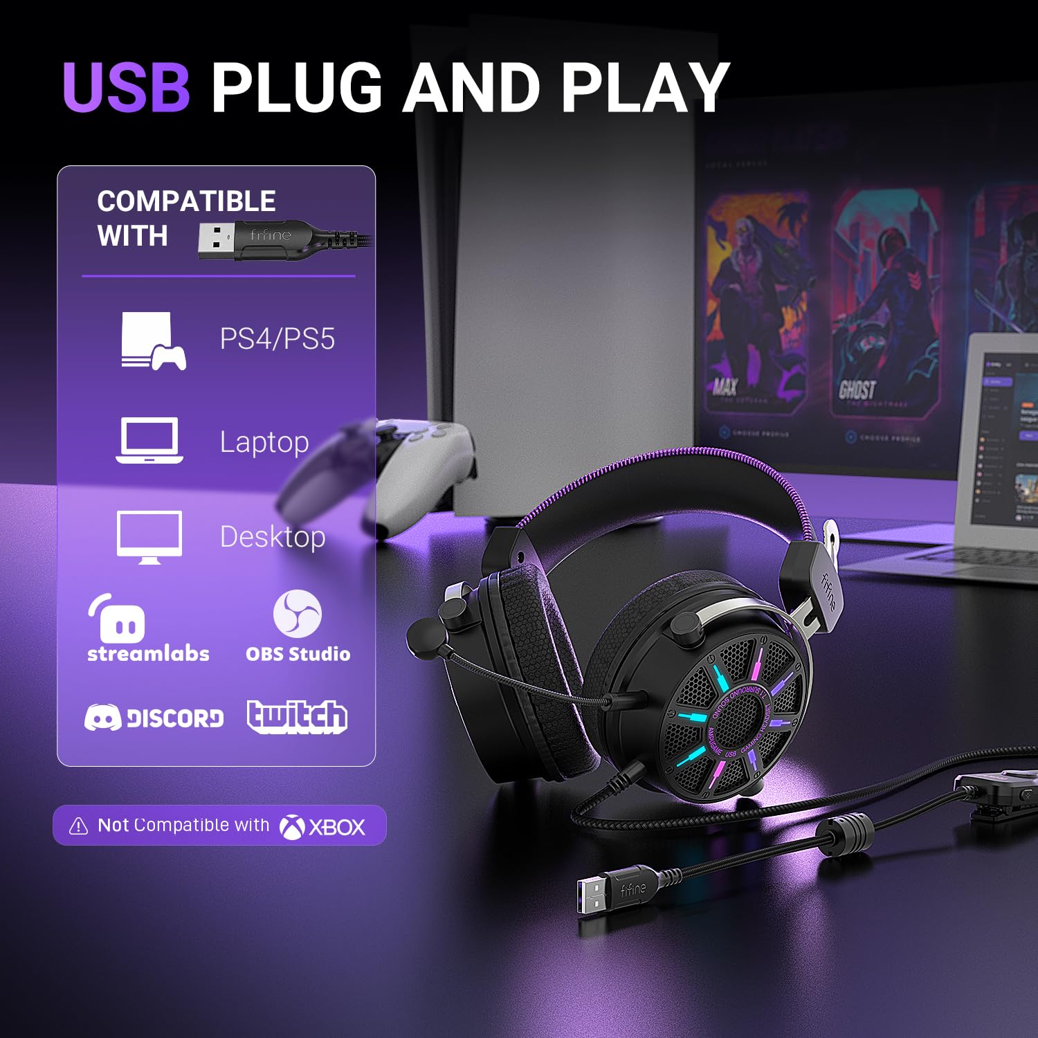 FIFINE Wired Open Back Gaming Headset, Open Acoustic Audio,Customizable RGB,USB in-Line Control, 7.1 Surround Sound, Over-Ear Gamer Headphone with Detachable Mic for PC PS5/PS4, Laptop, Mac - H19BP