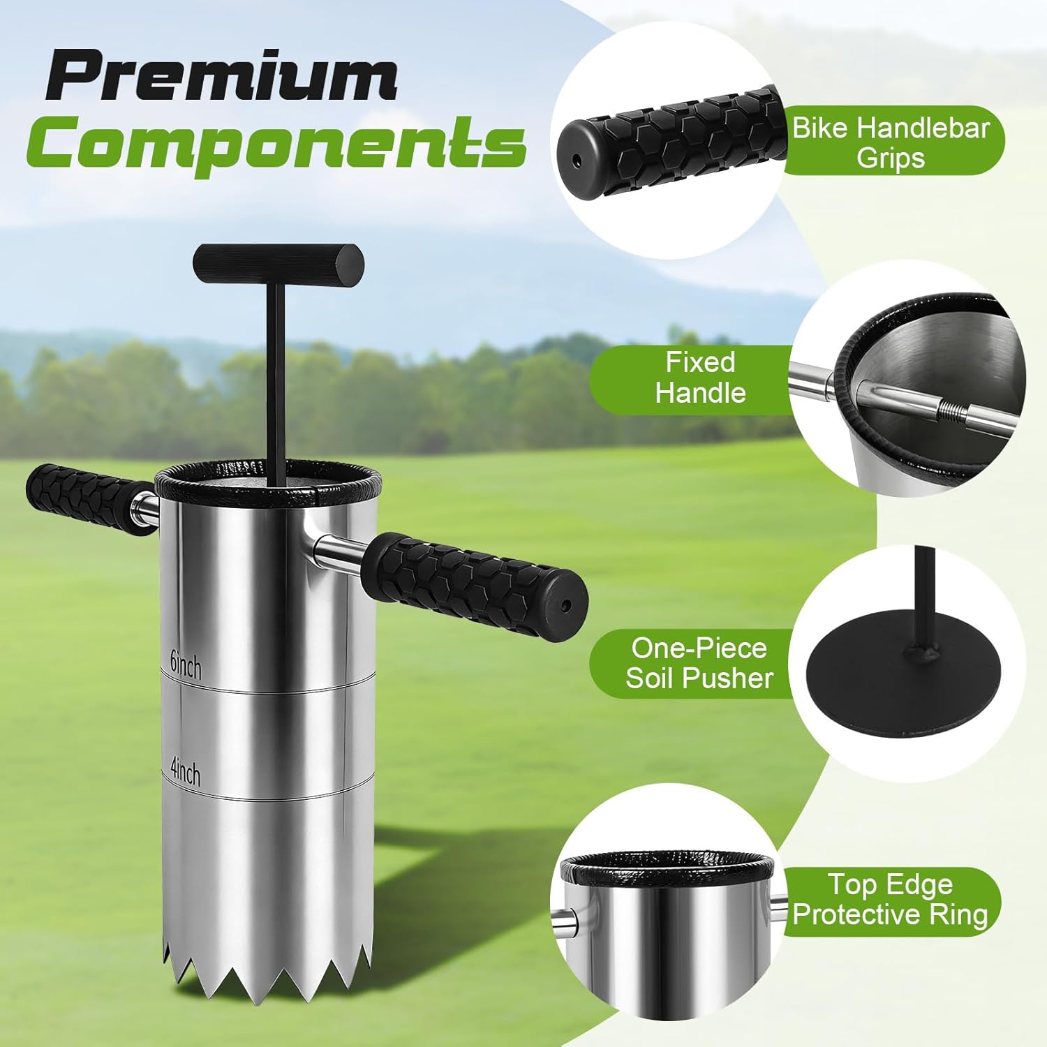 Portable Golf Hole Cutter 4" & 6" Golf Cup Digger, USGA-Standard Detachable Handle Stainless Steel Hole Digger for Backyard, Garden & Outdoor Golf Putting