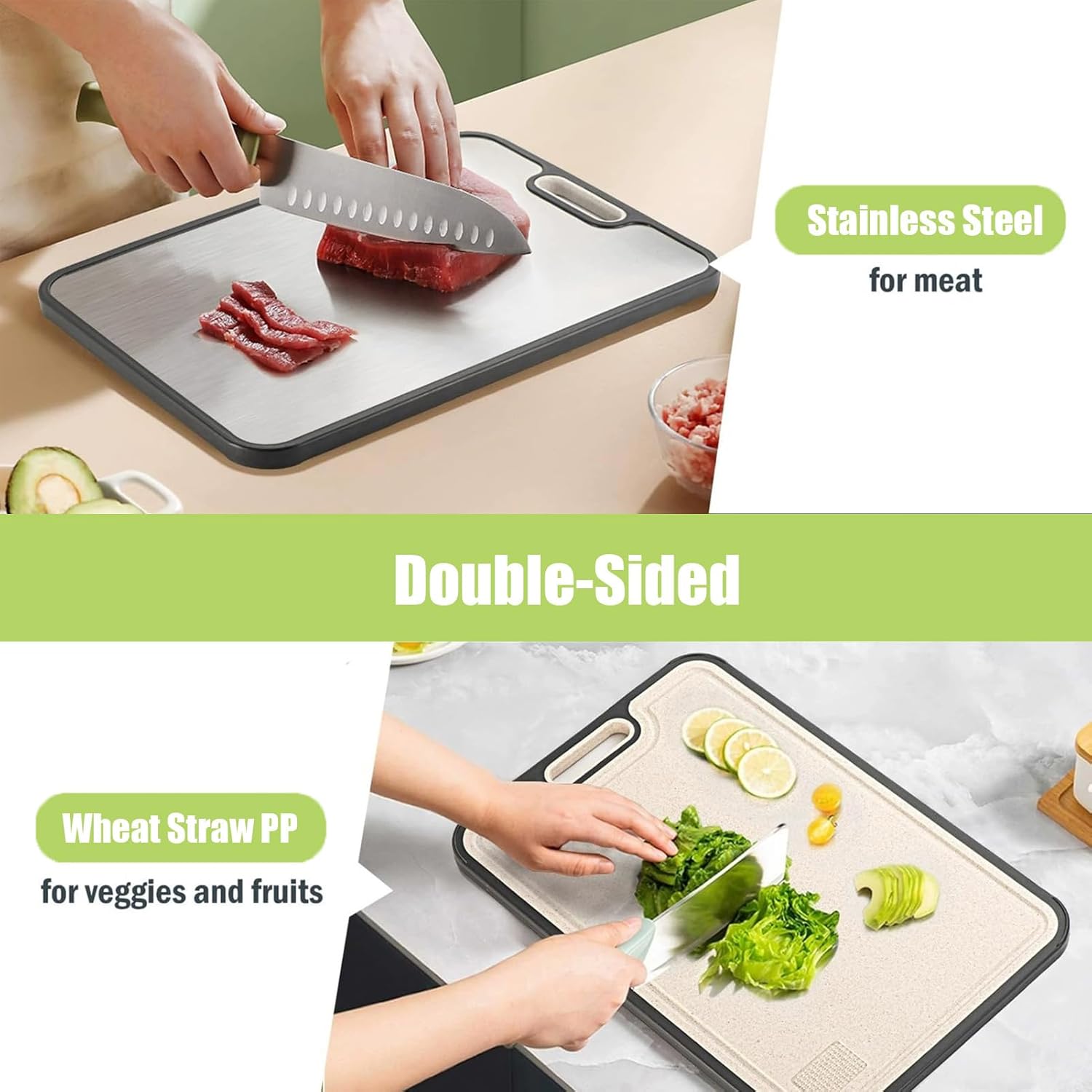 Stainless Steel Cutting Boards for Kitchen, Non Toxic 2-in-1 Cutting Board Double Sided, Food Grade Chopping Boards for Fresh Meat Vegetable, Easy to Clean,15”×10