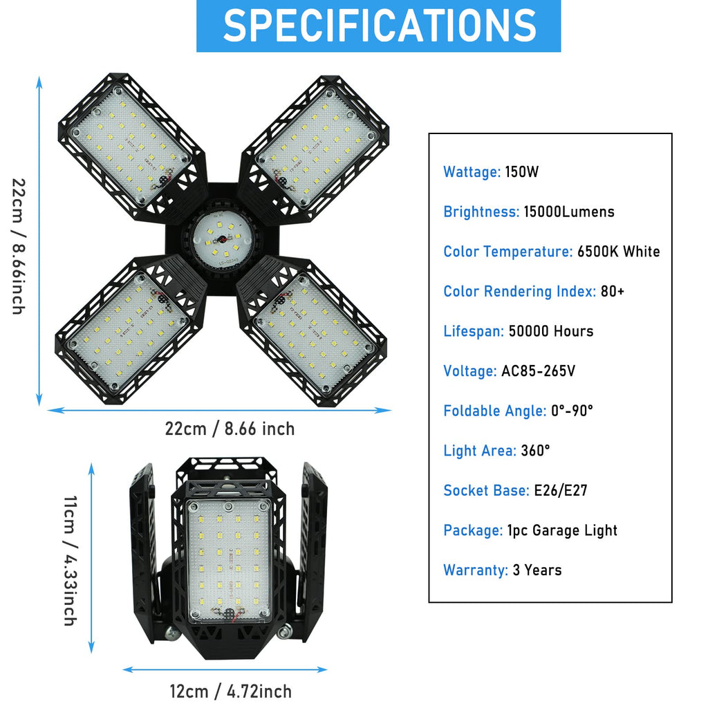 Garage Light,150W Deformable Garage Ceiling Lights,15000Lm, 4 Adjustable Panels,