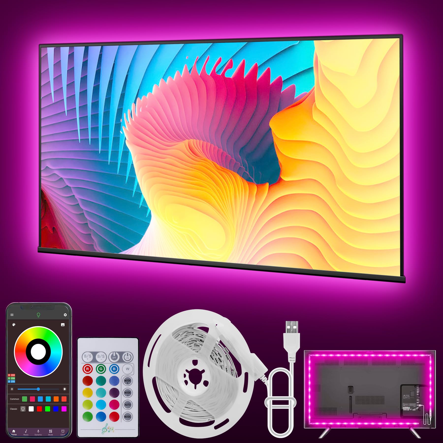 Lights For Tv, 20Ft Tv Backlight For 32-80 Inch, Usb Light Strip With Remote, Ap