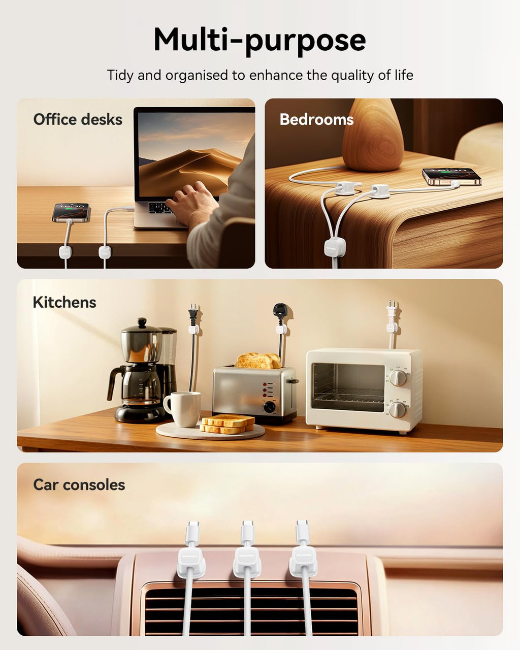Cable Clips, Rocoren Smooth Adjustable Adhesive Cord Organizer, Desk Cable Manag