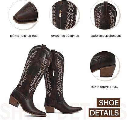 Tscoyuki Womens Cowboy Boots | Knee High Western Cowgirl Boots, Comfortable Chunky Heel, Classic Embroidery, Pointed Toe, Side Zipper & Pull On Tabs for Concert, Rodeo & Country Festival