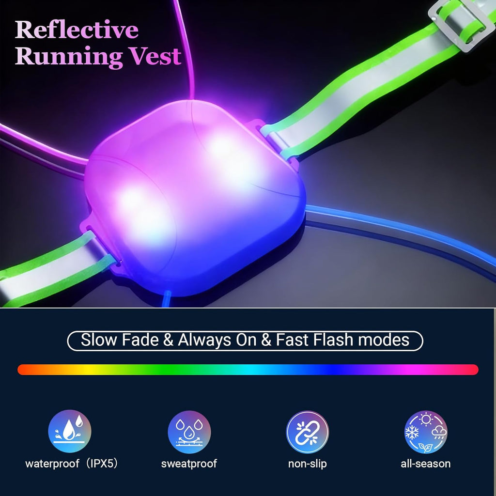 Reflective Running Vest:Rechargeable LED Running Gear with 3 Modes & 7 Colors, Adjustable Running Lights for Runners, Reflective Safety Vest for Night Running, Cycling, Walking,Hiking