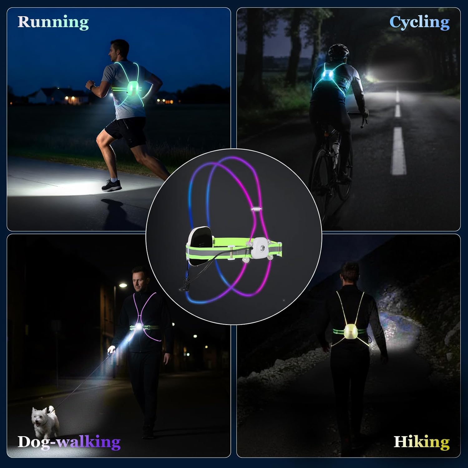 Reflective Running Vest:Rechargeable LED Running Gear with 3 Modes & 7 Colors, Adjustable Running Lights for Runners, Reflective Safety Vest for Night Running, Cycling, Walking,Hiking