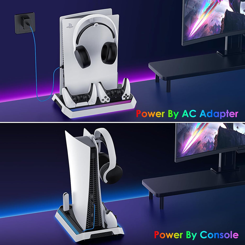 PS5/Slim/Pro Cooling Station, RGB P5 Controller Charger for PS5 Accessories, Ultra Quiet Cooling Fan for PS5 Digital/Disc Console, with 3 Level Fan, 4 USB Hub ﻿