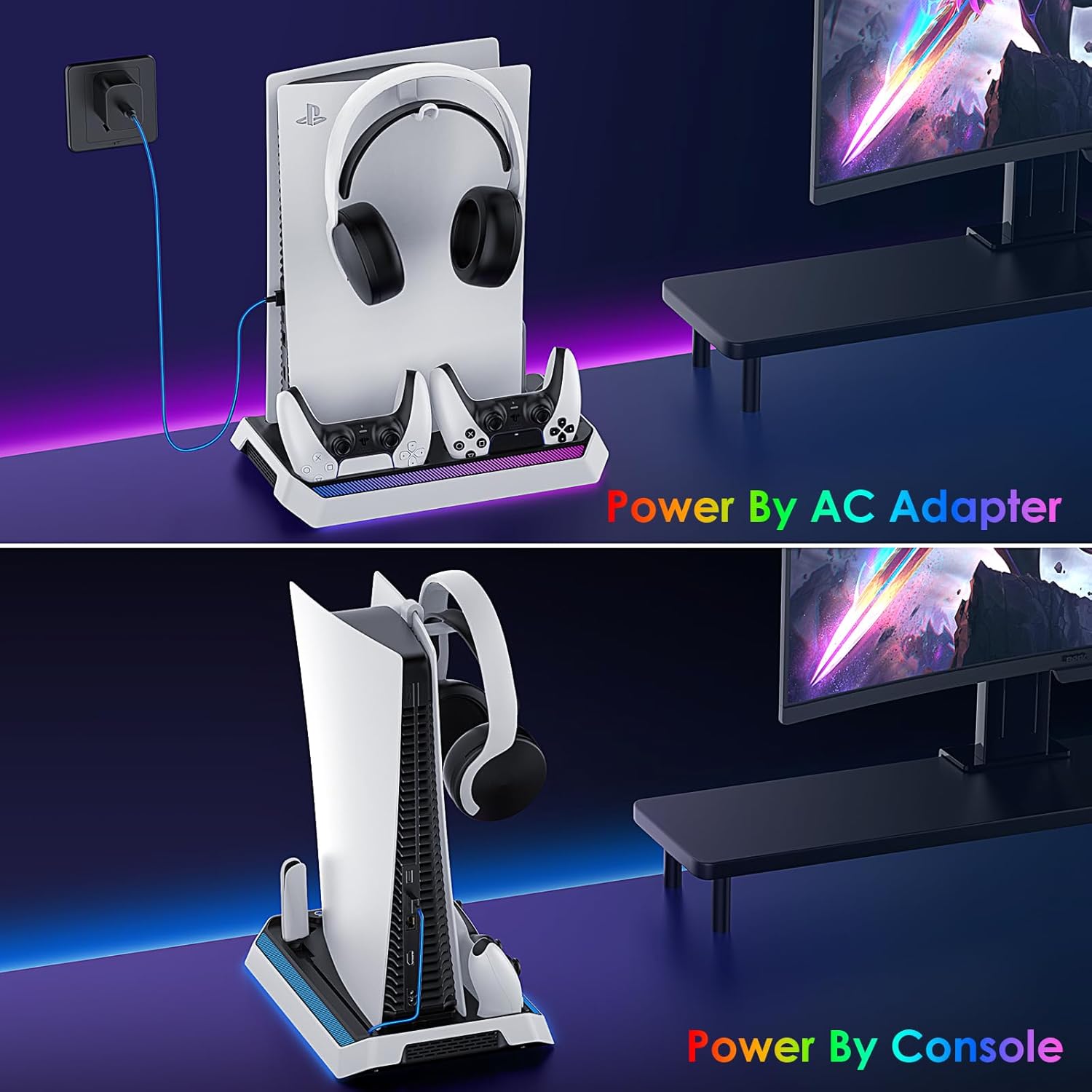 PS5/Slim/Pro Cooling Station, RGB P5 Controller Charger for PS5 Accessories, Ultra Quiet Cooling Fan for PS5 Digital/Disc Console, with 3 Level Fan, 4 USB Hub ﻿