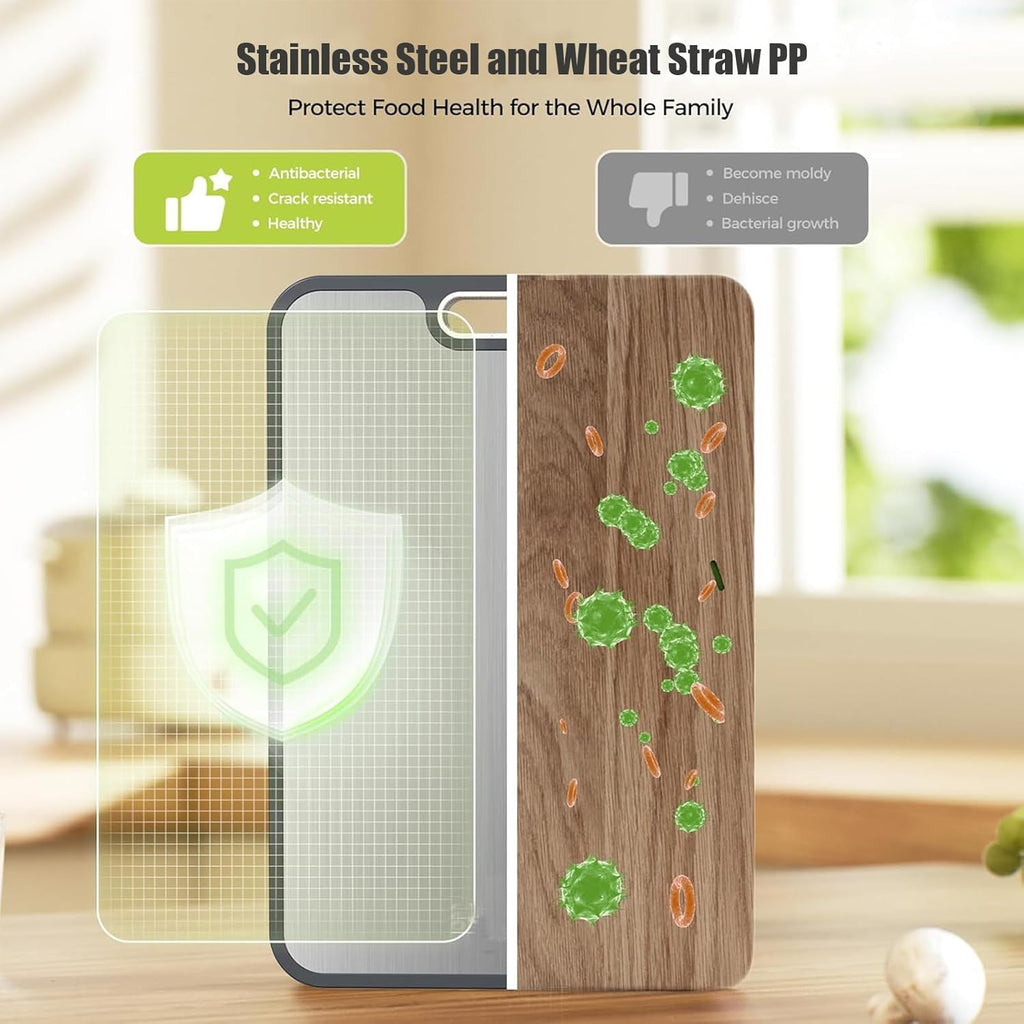 Stainless Steel Cutting Boards for Kitchen, Non Toxic 2-in-1 Cutting Board Double Sided, Food Grade Chopping Boards for Fresh Meat Vegetable, Easy to Clean,15”×10