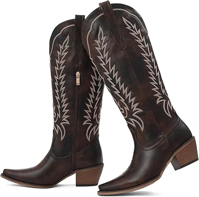 Tscoyuki Womens Cowboy Boots | Knee High Western Cowgirl Boots, Comfortable Chunky Heel, Classic Embroidery, Pointed Toe, Side Zipper & Pull On Tabs for Concert, Rodeo & Country Festival