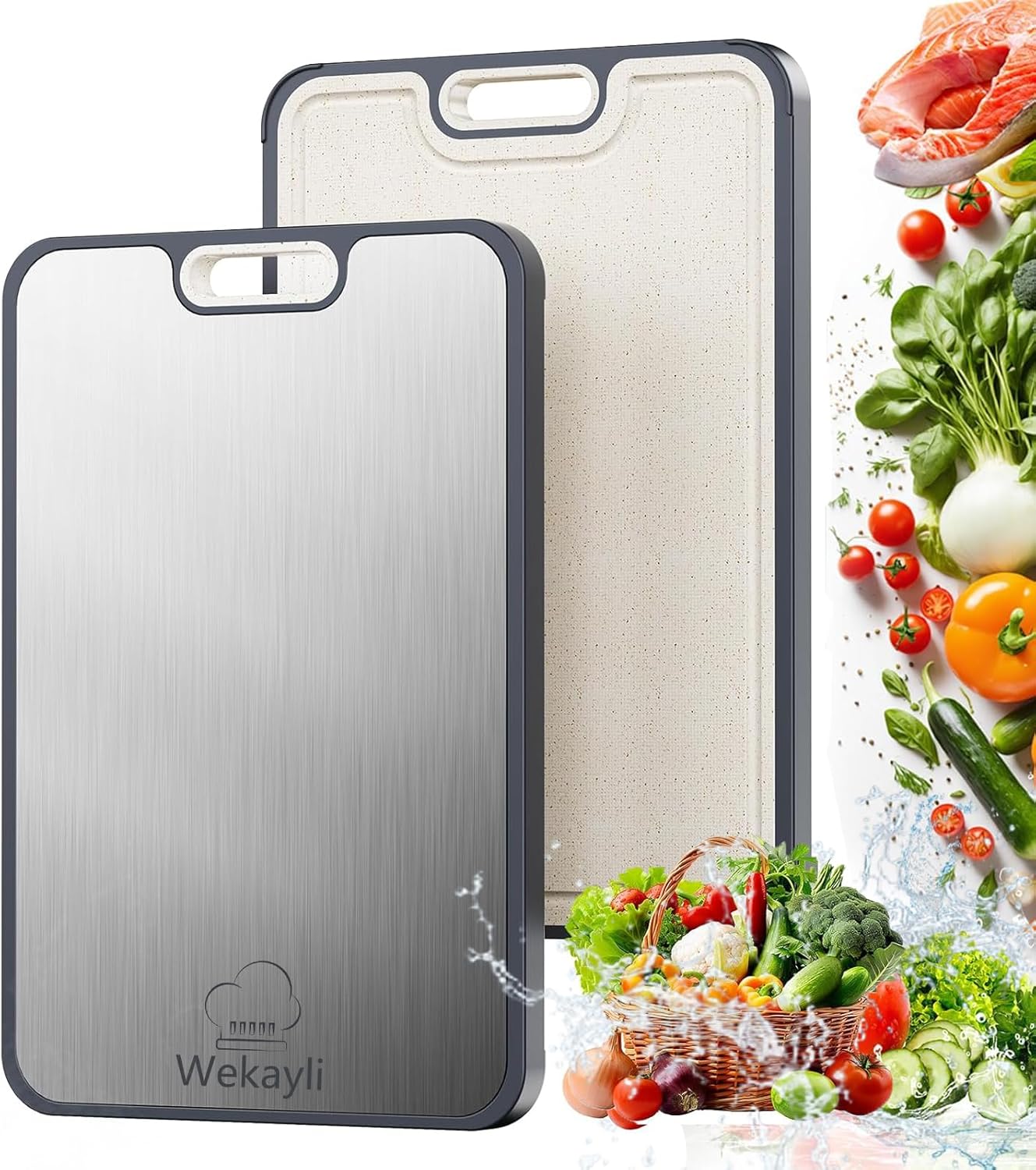 Stainless Steel Cutting Boards for Kitchen, Non Toxic 2-in-1 Cutting Board Double Sided, Food Grade Chopping Boards for Fresh Meat Vegetable, Easy to Clean,15”×10