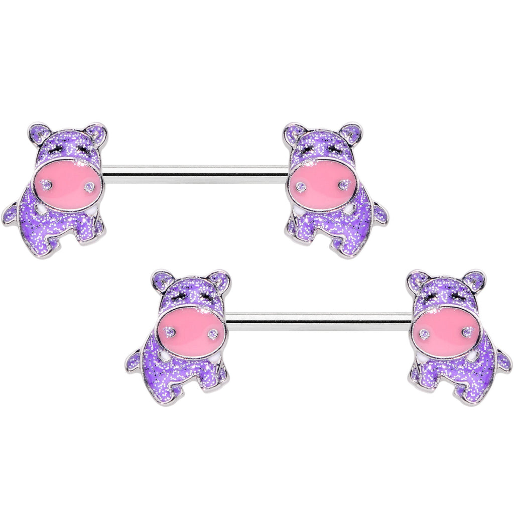 14G 9/16 Happy Purple Hippo Barbell Nipple Ring Set