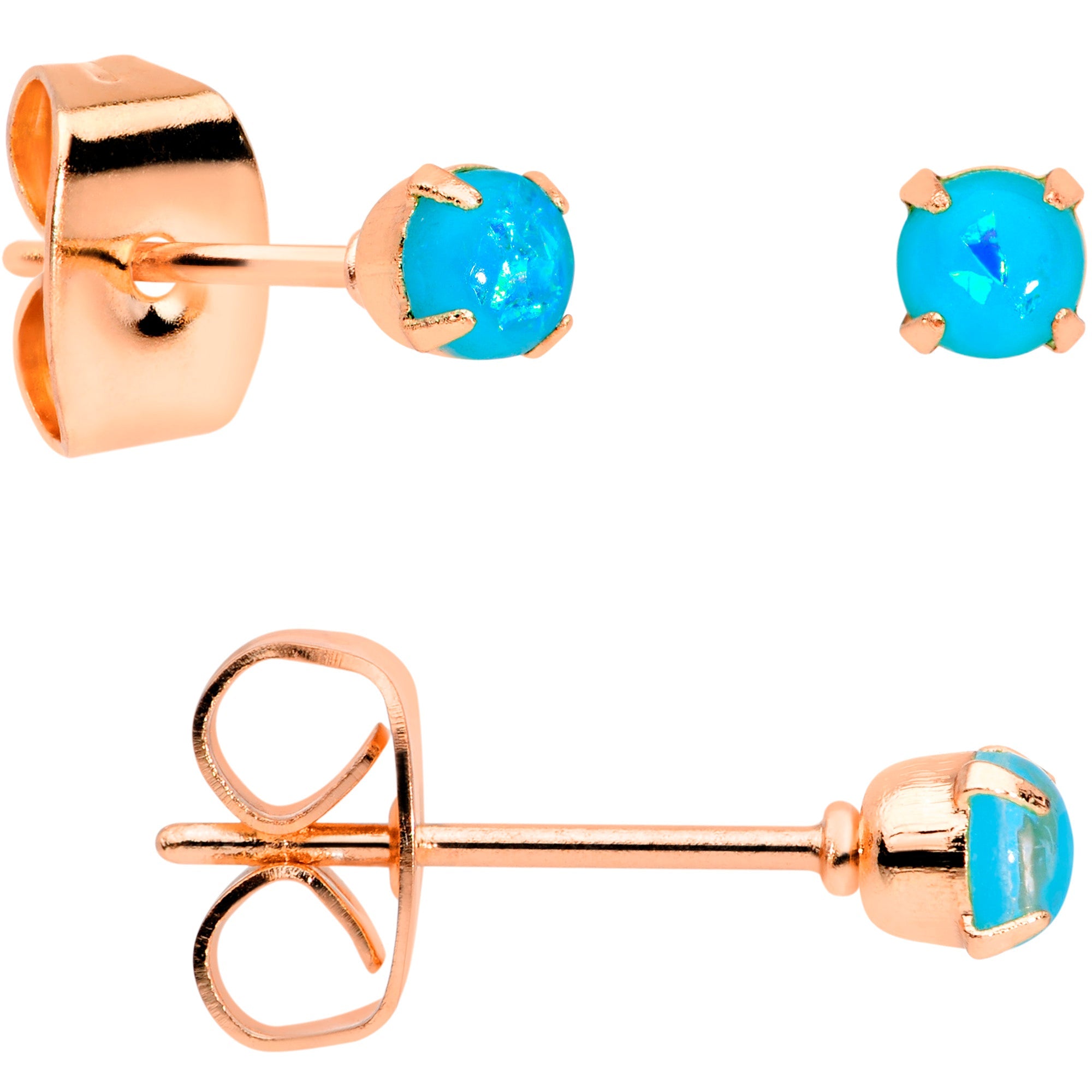 20G Blue Faux Opal Rose Gold Tone 3mm 5mm Stud Earrings Set of 3