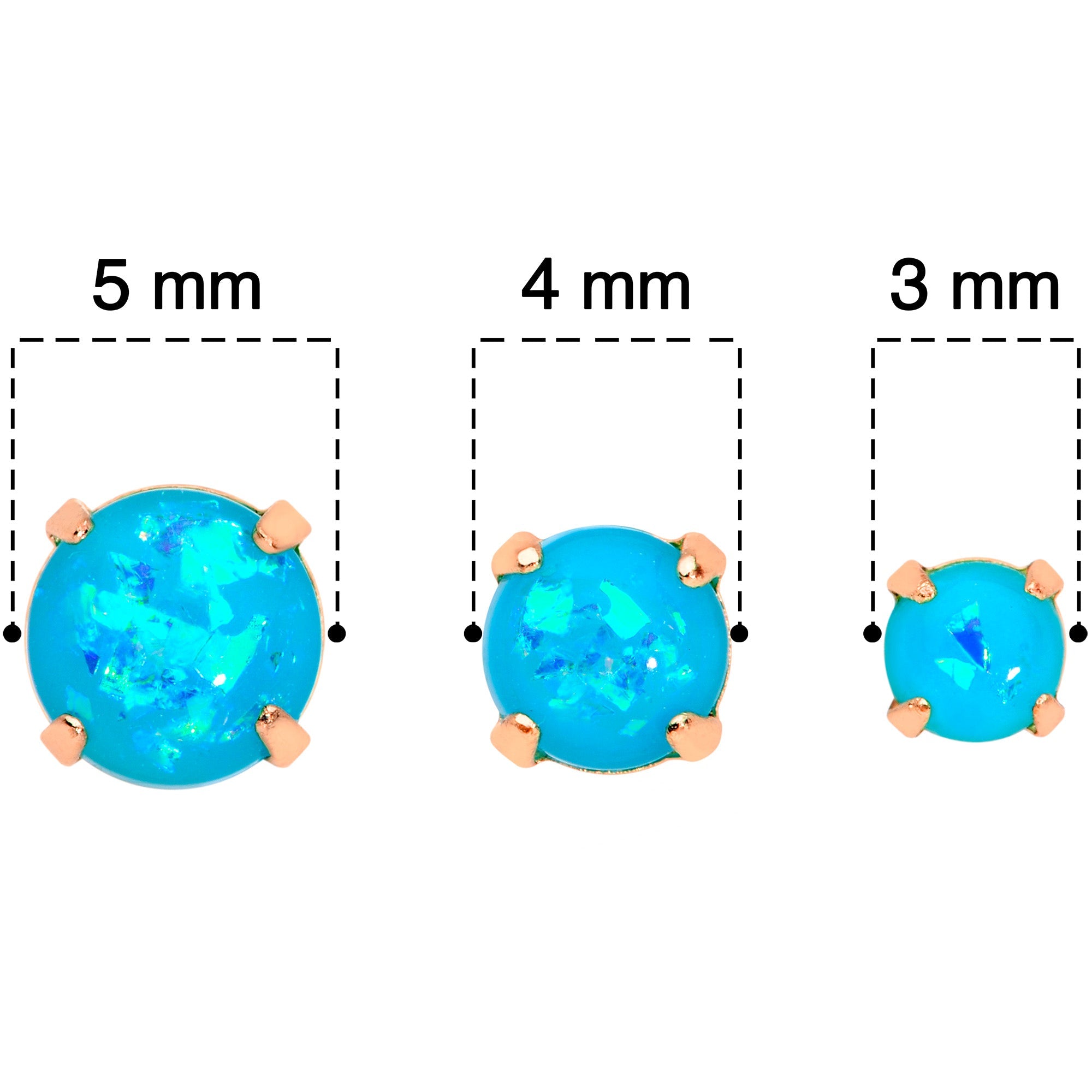 20G Blue Faux Opal Rose Gold Tone 3mm 5mm Stud Earrings Set of 3