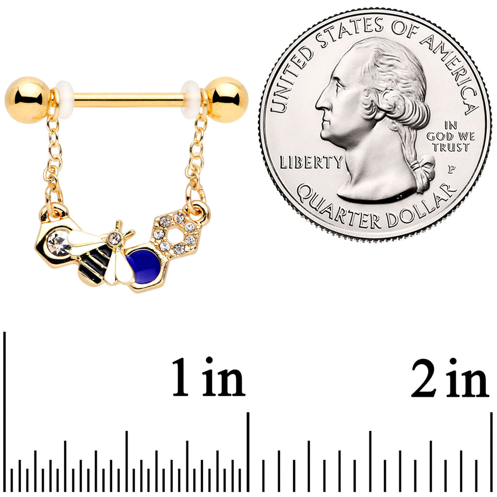 14G 9/16 Clear CZ Gem Gold Tone Lovely Bee Dangle Nipple Ring Set