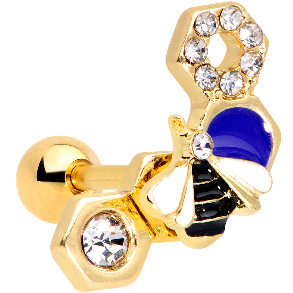 16G 1/4 Clear CZ Gem Gold Hue Lovely Bee Cartilage Tragus Earring