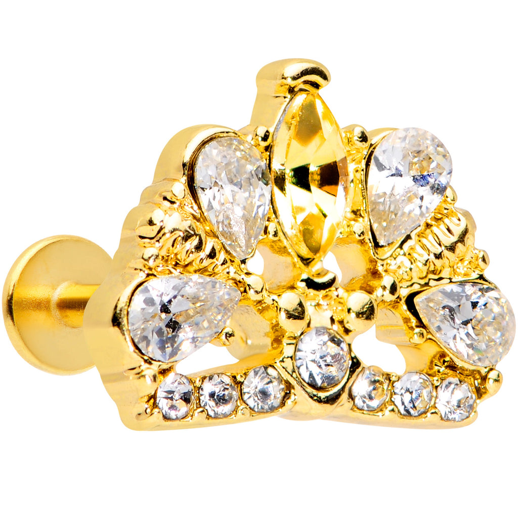 16G 5/16 Clear CZ Gem Gold Tone Lavish Crown Labret Monroe Tragus