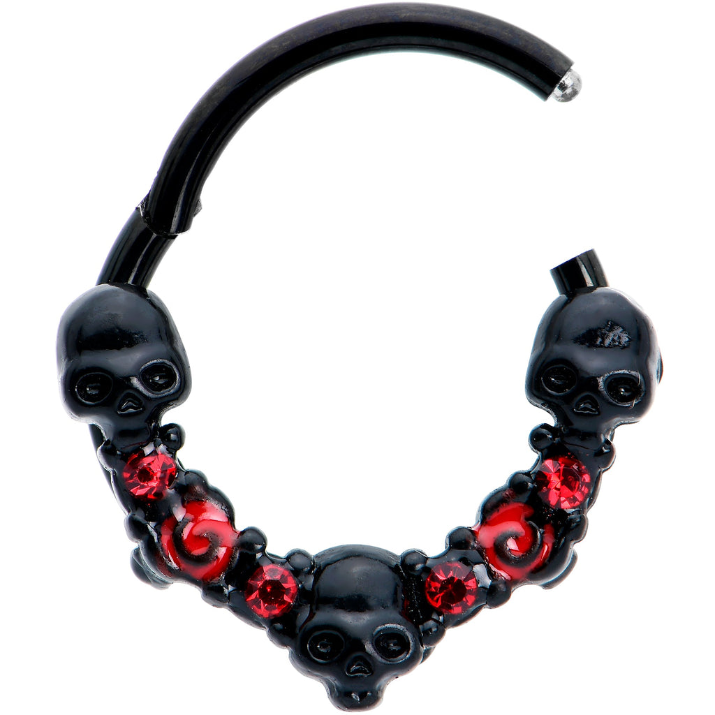 16G 3/8 Red Clear CZ Gem Black Skull Halloween Hinged Segment Ring