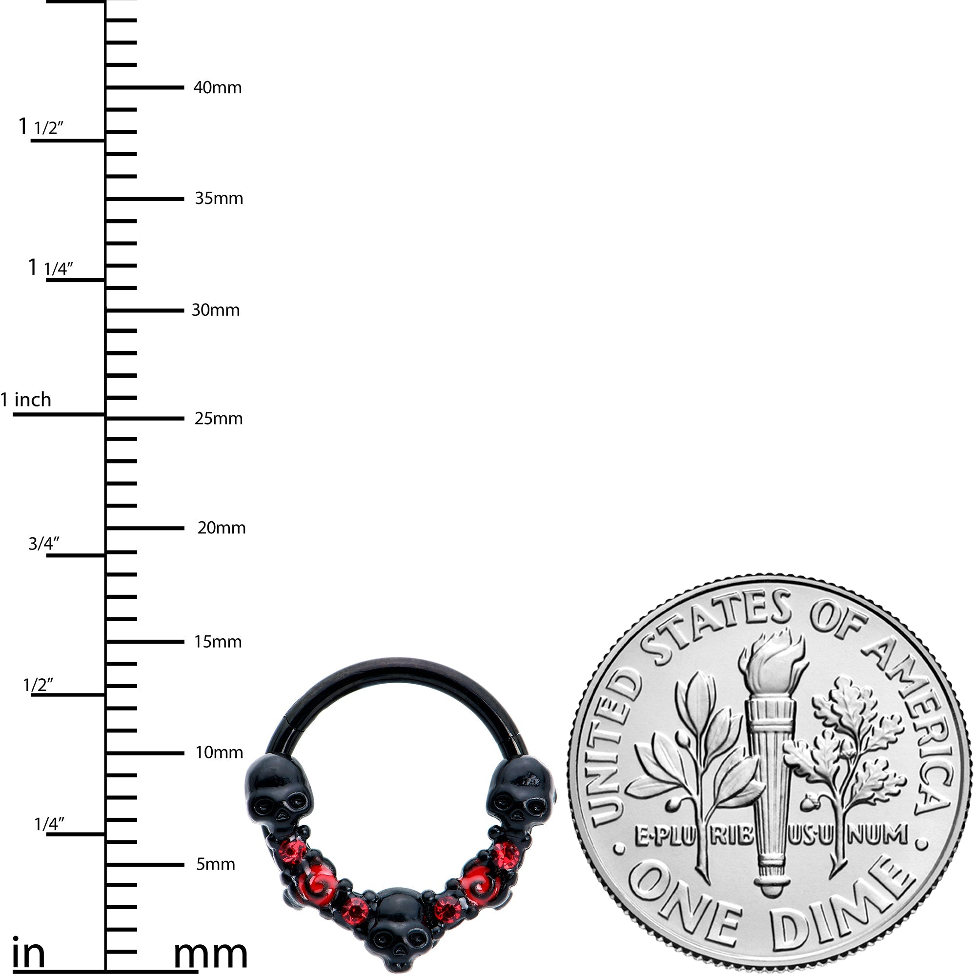 16G 3/8 Red Clear CZ Gem Black Skull Halloween Hinged Segment Ring