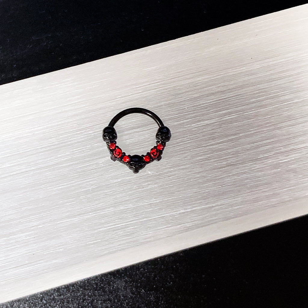 16G 3/8 Red Clear CZ Gem Black Skull Halloween Hinged Segment Ring
