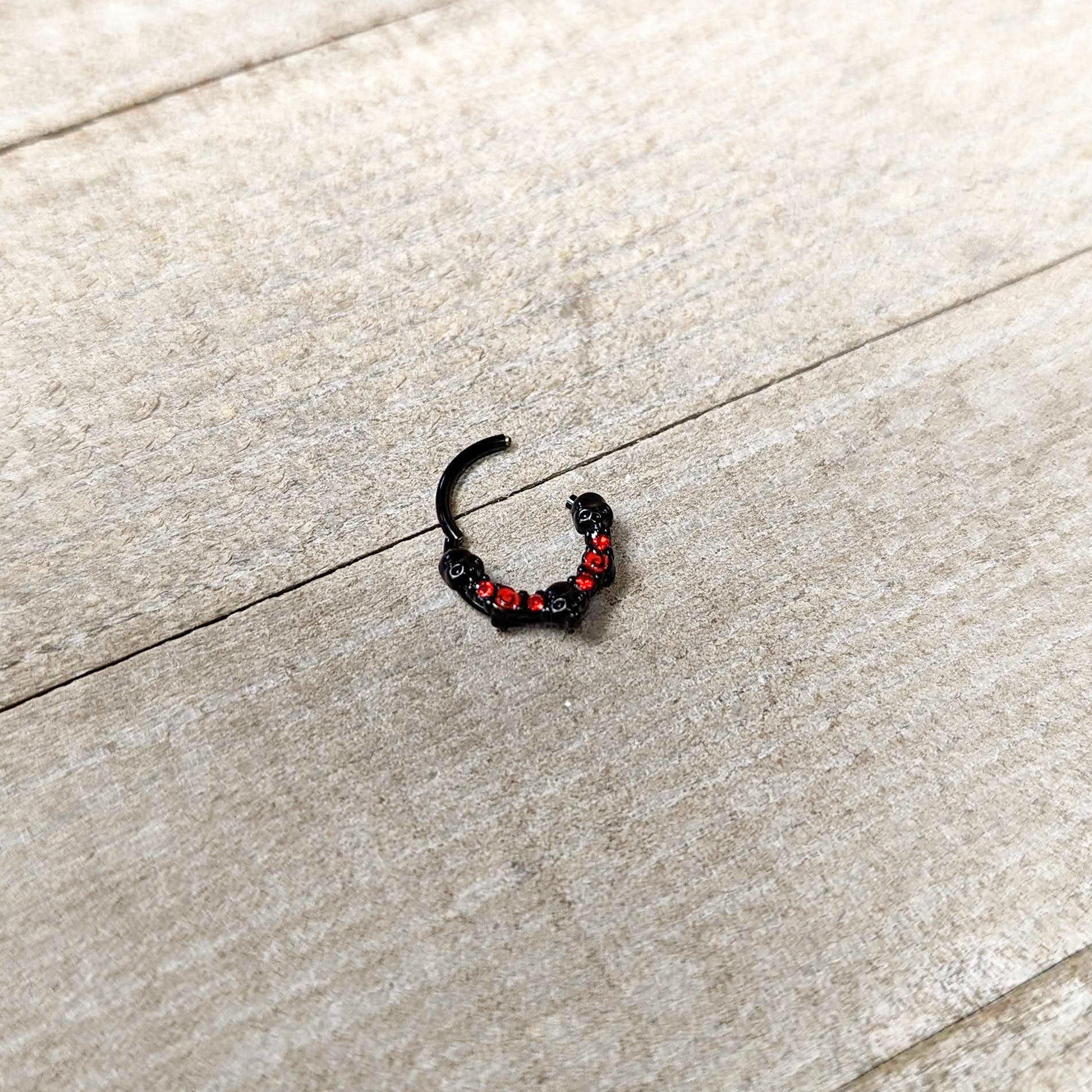 16G 3/8 Red Clear CZ Gem Black Skull Halloween Hinged Segment Ring