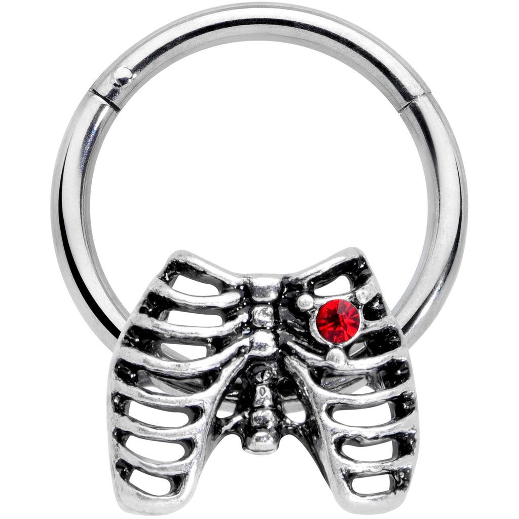 16G 3/8 Red CZ Gem Heart Skeleton Halloween Hinged Segment Ring