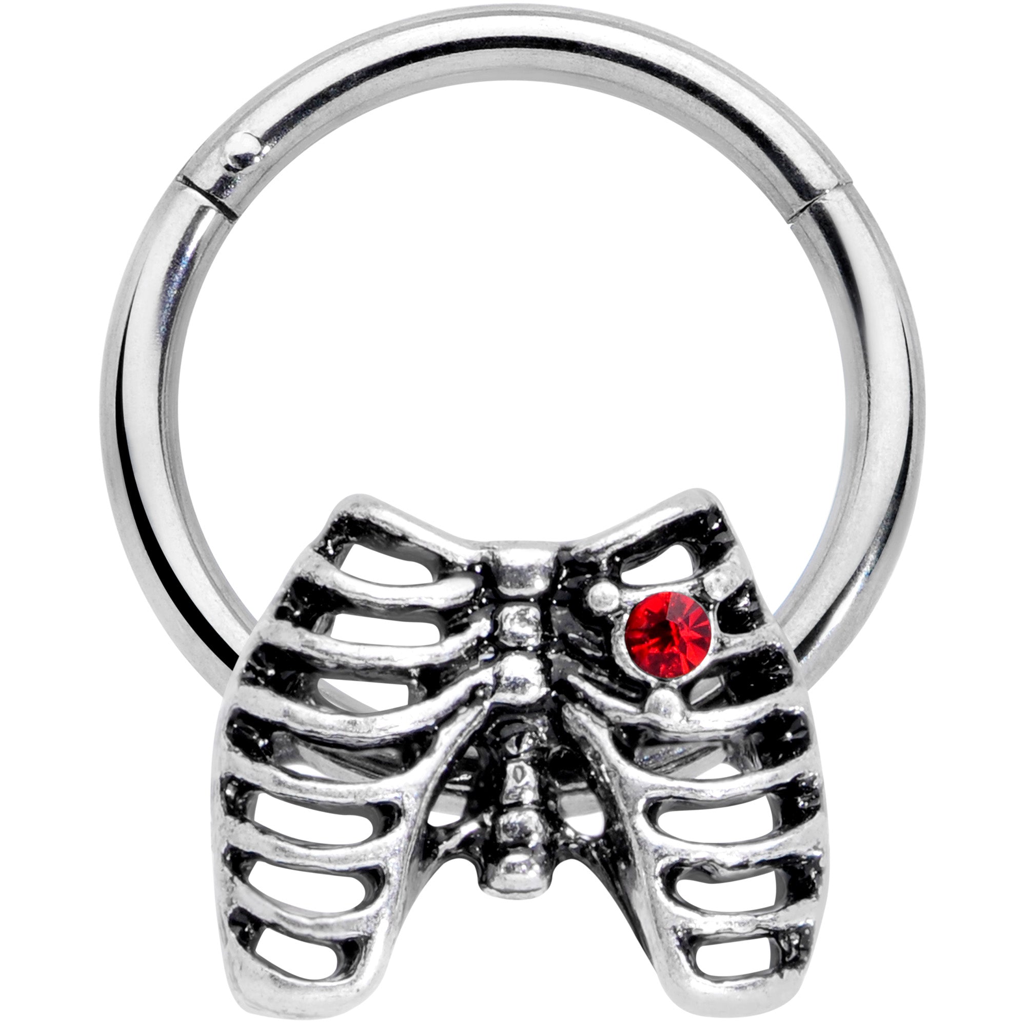 16G 3/8 Red CZ Gem Heart Skeleton Halloween Hinged Segment Ring