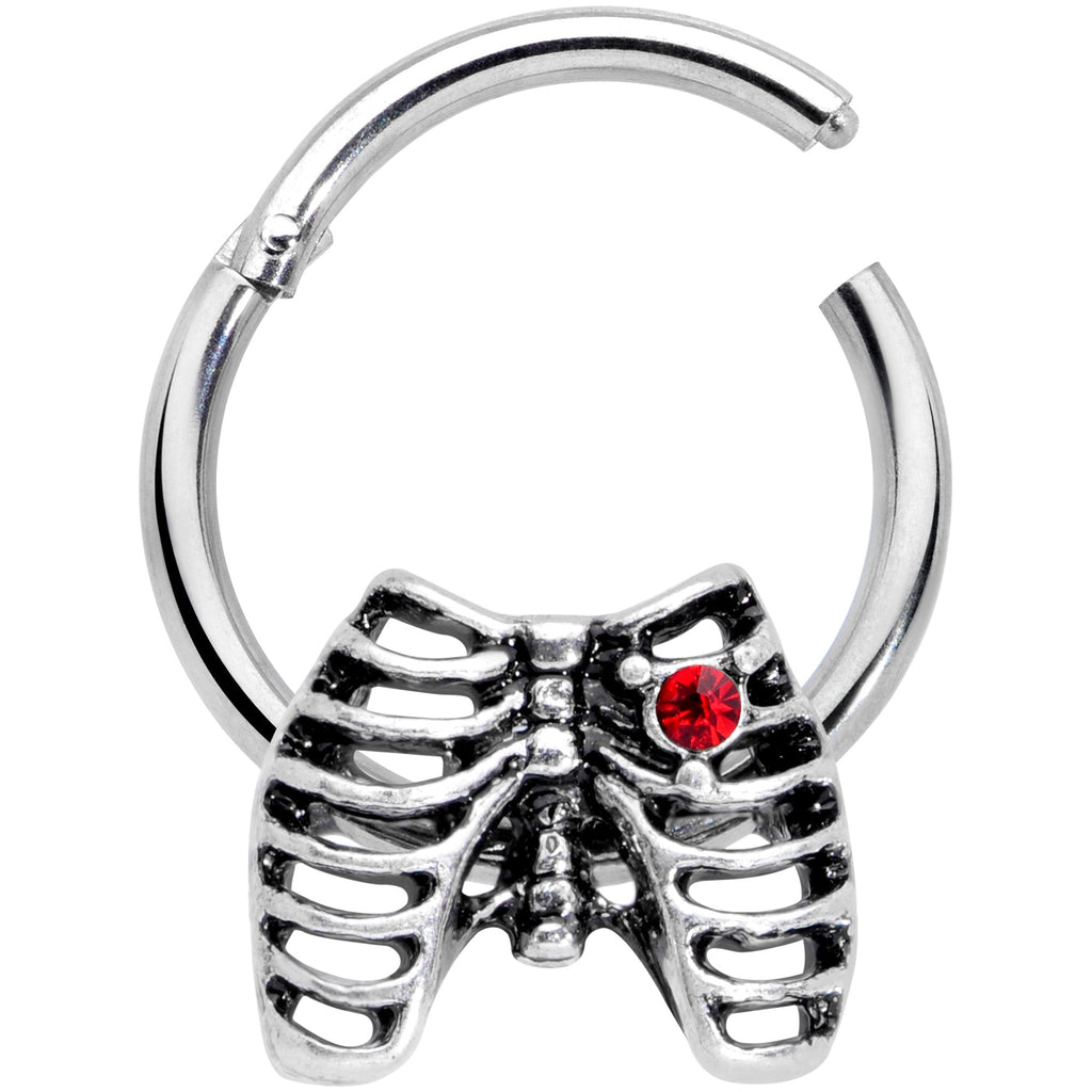 16G 3/8 Red CZ Gem Heart Skeleton Halloween Hinged Segment Ring