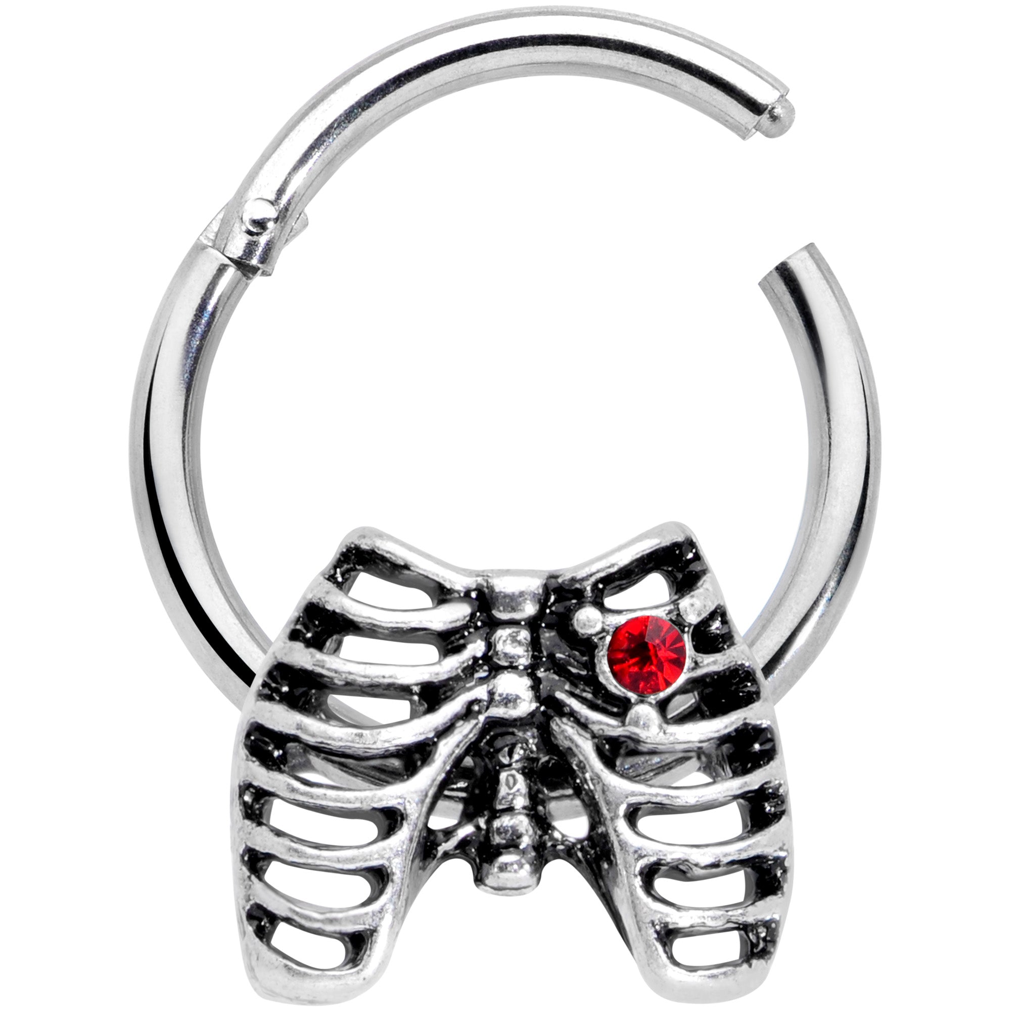 16G 3/8 Red CZ Gem Heart Skeleton Halloween Hinged Segment Ring