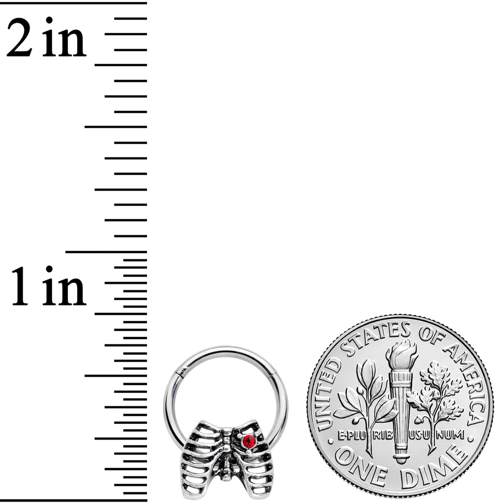 16G 3/8 Red CZ Gem Heart Skeleton Halloween Hinged Segment Ring