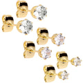 20G Clear CZ Gem Gold Tone 3mm to 5mm Post Stud Earring Set of 3