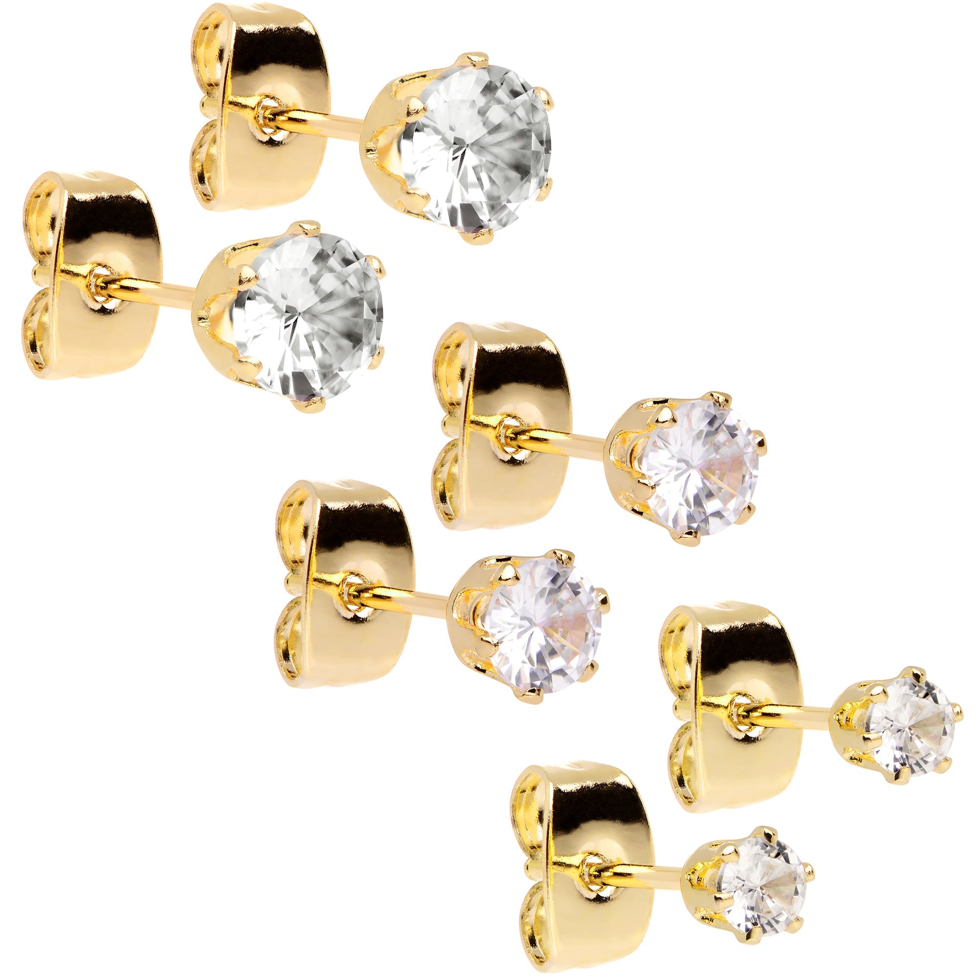 20G Clear CZ Gem Gold Tone 3mm to 5mm Post Stud Earring Set of 3