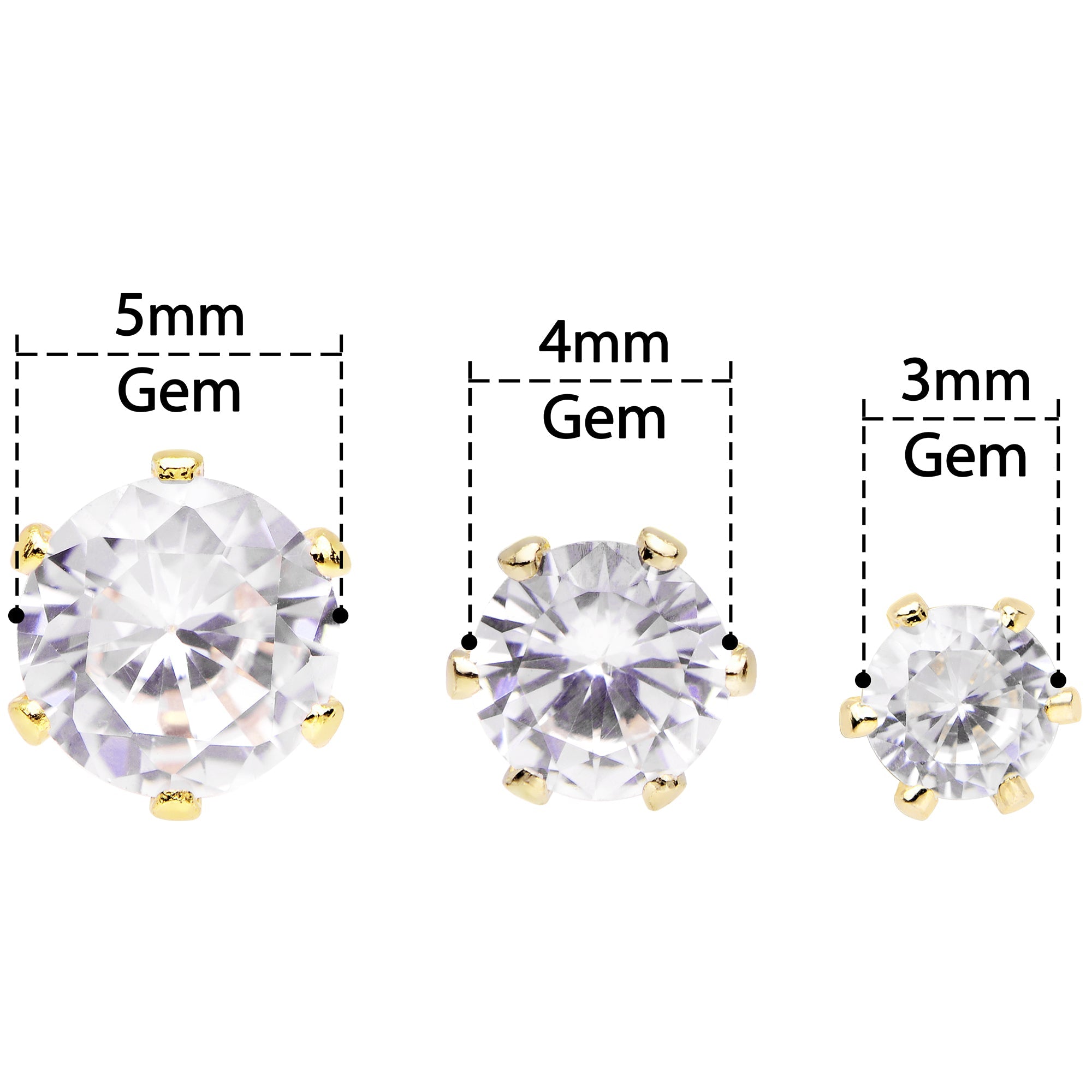 20G Clear CZ Gem Gold Tone 3mm to 5mm Post Stud Earring Set of 3