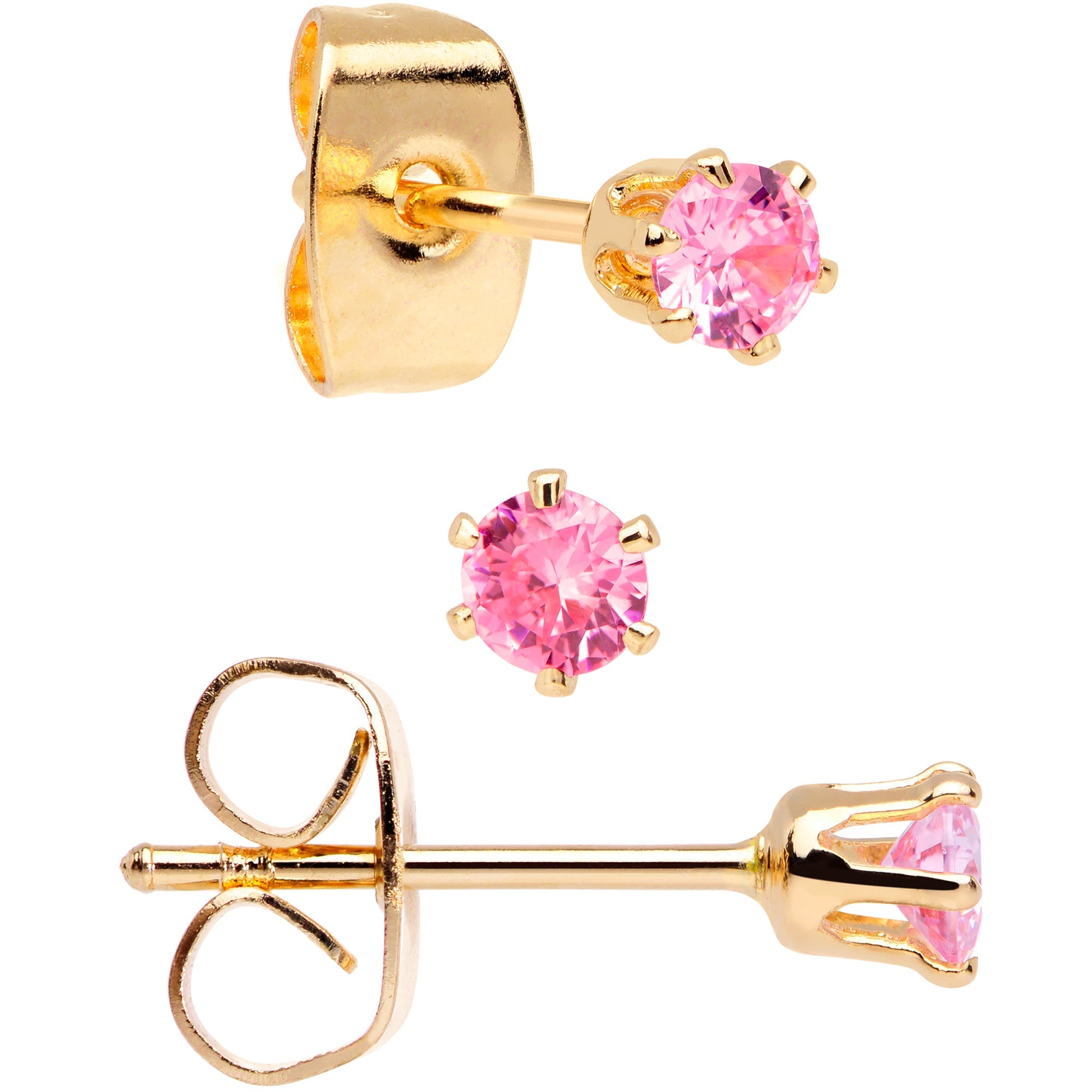 20G Pink CZ Gem Gold Tone 3mm to 5mm Post Stud Earring Set of 3